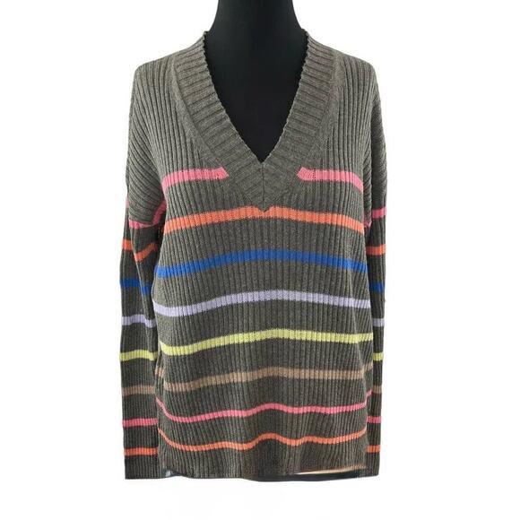Lisa Todd Neon Stripe V Sweater Size M Gray Pink Cotton Linen Relaxed Maximalist - Picture 3 of 11
